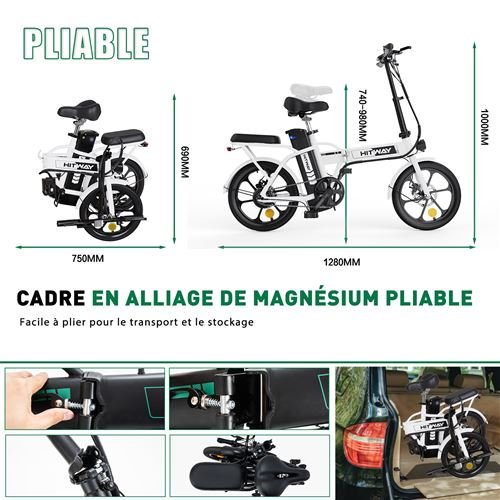 Vélo Électrique pliant - HITWAY BK5 - Pneu 16 pouces - Blanc – Image 4